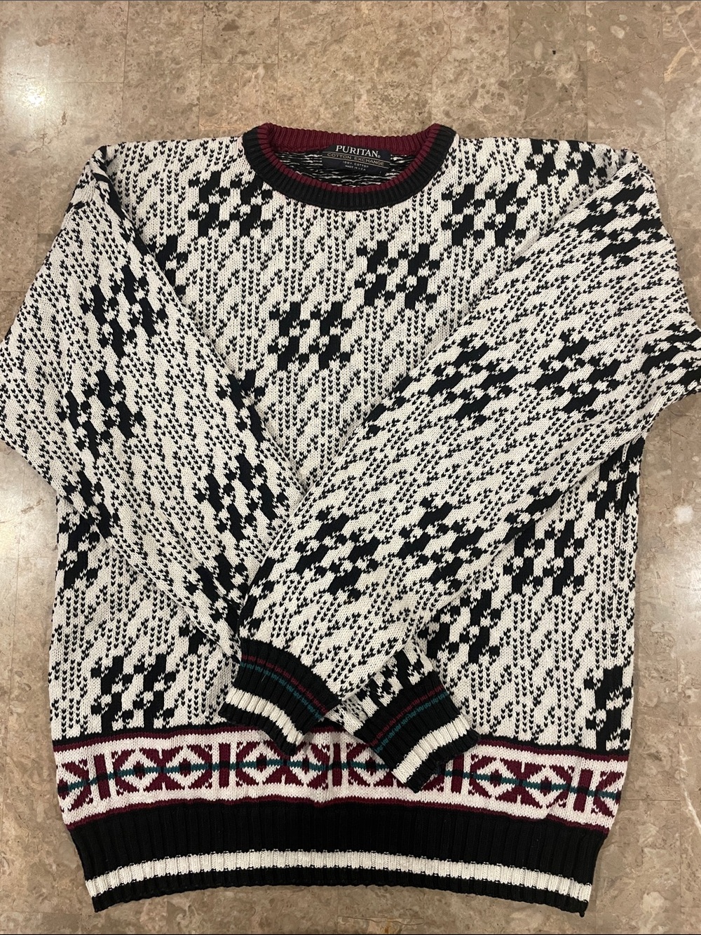 Vintage Puritan Cotton Geometric Knit Sweater in Black & White grandpacore